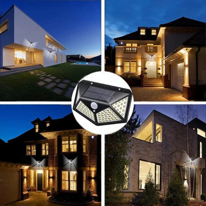 Luz solar con sensor de movimiento: collage que muestra el accesorio de luz instalado en paredes exteriores de cuatro casas residenciales diferentes al anochecer, iluminando entradas y patios