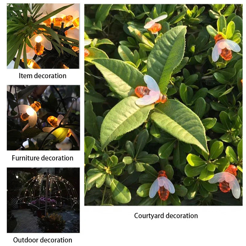 Collage showing bee-shaped string lights used for plant, furniture, courtyard, and outdoor decoration