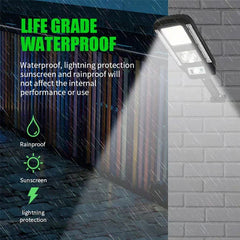 Mounted solar powered security motion light fixture illuminates a rainy outdoor alley, with waterproof, sunscreen, and lightning protection text labels.