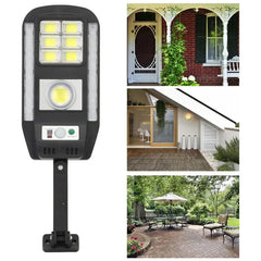 Solar powered security motion light fixture shown with three example outdoor use scenes: porch, patio door, and backyard patio.