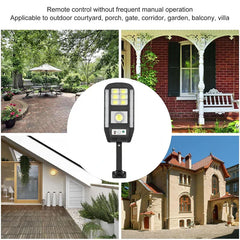 Four residential outdoor scene photos arranged around a central solar powered security motion light fixture with text above.