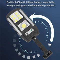 Black solar powered security motion light fixture displayed against dark blue background with circular graphic and text about battery.