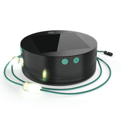 Black round camping lantern with top solar panel, teal control buttons, and green string lights attached