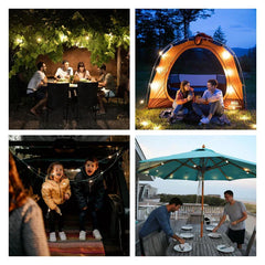 Collage of four outdoor leisure scenes with string lights, showcasing a camping lantern’s versatile use cases