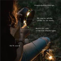Led Camping Lantern - Hands hold a coiled, extendable string light with labeled parts including cord, LED nodes, and external flashlight.