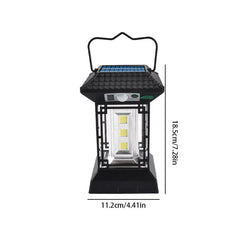 luz de campamento - Vista completa de una linterna solar con asa de transporte, mostrando dimensiones de 11,2 cm de ancho y 18,5 cm de alto