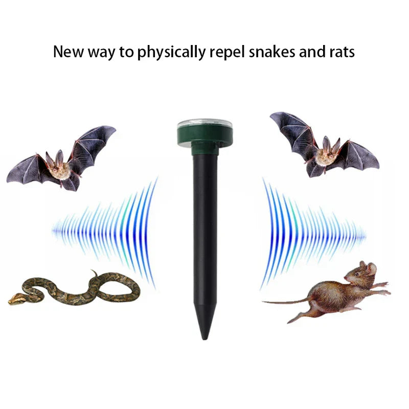 Solar Ultrasonic Mole Snake Repellent Spike - Diagram showing ultrasonic vibration emission repelling targeted burrowing and yard pests