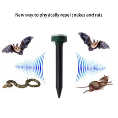 Solar Ultrasonic Mole Snake Repellent Spike - Diagram showing ultrasonic vibration emission repelling targeted burrowing and yard pests