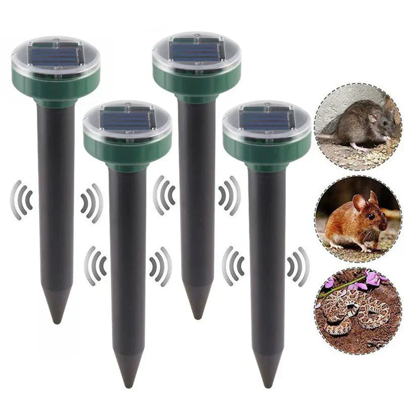 Solar Ultrasonic Mole Snake Repellent Spike - Set of four installed repellent units with signal indicators and target pest callouts