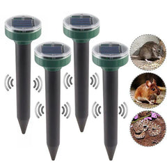 Solar Ultrasonic Mole Snake Repellent Spike - Set of four installed repellent units with signal indicators and target pest callouts