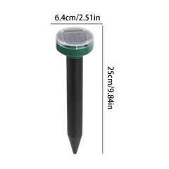 Solar Ultrasonic Mole Snake Repellent Spike - Diagram of a solar-powered pest repeller with dimension labels, showing a height of 25cm and a top diameter of 6.4cm