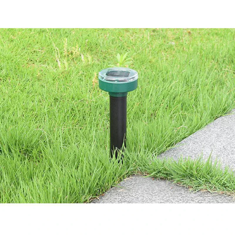 Solar-Ultraschall-Maulwurf- und Schlangenabwehr-Spike – Solarbetriebener Gartenpfahl, der in grünem Gras neben einer Betonpflasterplatte steckt