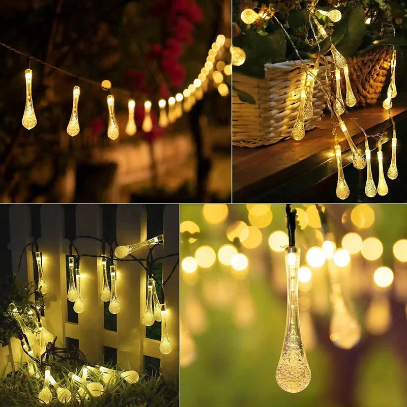 Vierteilige Collage von Solarlichtern in Wassertropfenform für den Außenbereich in verschiedenen Außenanwendungen: entlang einer Linie, an einem Korb, an einem Zaun und Nahaufnahme einer beleuchteten Lampe