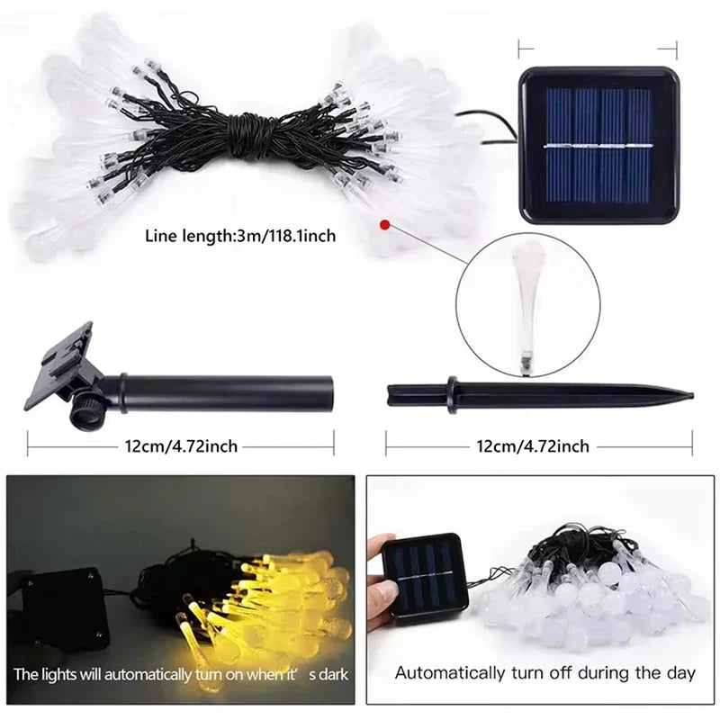 Solarlichter in Wassertropfenform für den Außenbereich ausgelegt mit Solarpanel, Bodenanker und Größenkennzeichnungen für die Teile