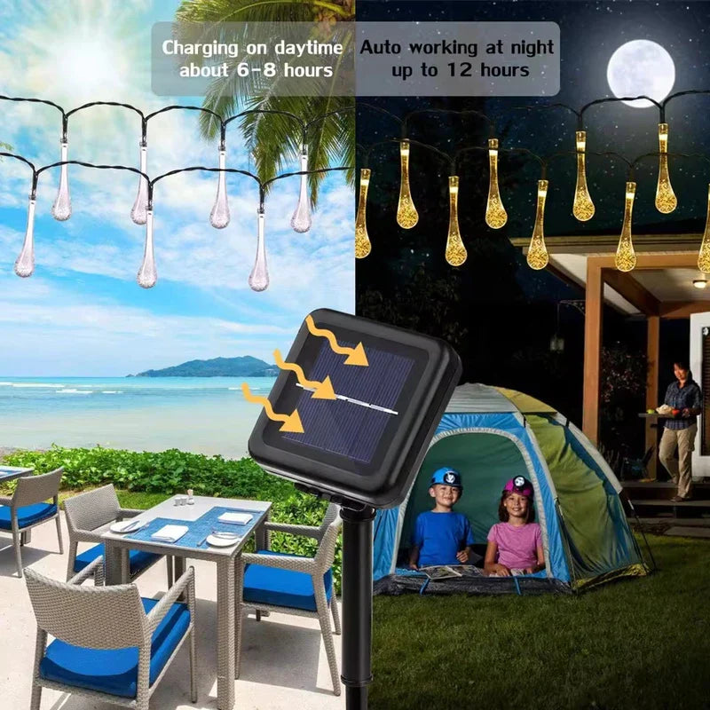 Solarlichter in Wassertropfenform für den Außenbereich gezeigt beim Laden am Tag und Leuchten in der Nacht mit Terrassen- und Campingszenen
