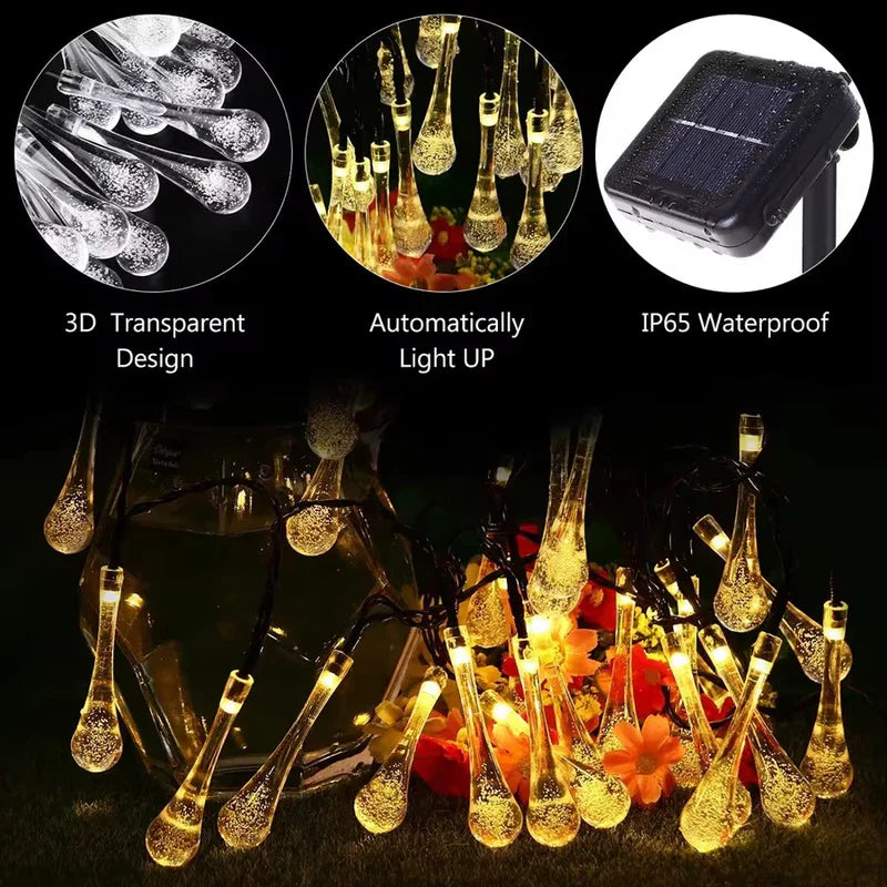 Nahaufnahmen von Solarlichtern in Wassertropfenform für den Außenbereich mit 3D-Tropfendesign und wasserdichtem Solarpanel