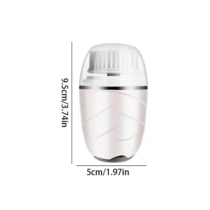 Cleansing Brush - White handheld facial cleansing device with labeled dimensions, brush head covered by a clear cap on a white background