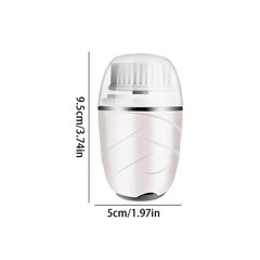 Cleansing Brush - White handheld facial cleansing device with labeled dimensions, brush head covered by a clear cap on a white background