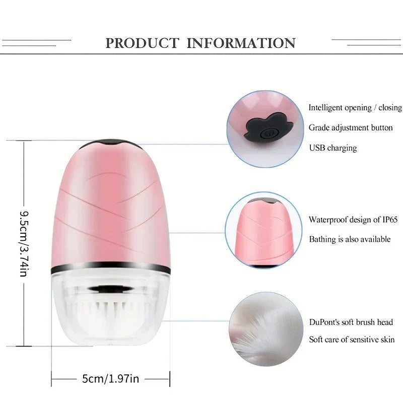Cleansing Brush - Pink handheld facial cleansing device with labeled dimensions, three close-up feature callouts on a white background