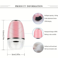 Cleansing Brush - Pink handheld facial cleansing device with labeled dimensions, three close-up feature callouts on a white background