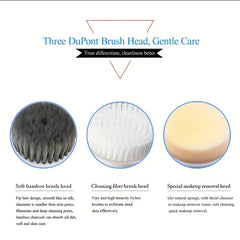 Diagram showing three facial cleansing brush heads with descriptive text labels