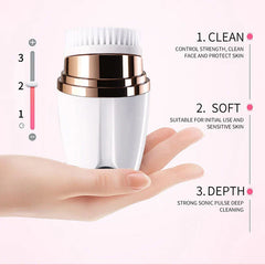 Sonic Facial Cleansing Brush - Compact cleansing device held in a hand, with 3 intensity setting labels displayed