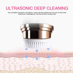 Sonic Facial Cleansing Brush - Close-up of the cleansing brush head against a diagram of skin layers, with ultrasonic deep cleaning title text.