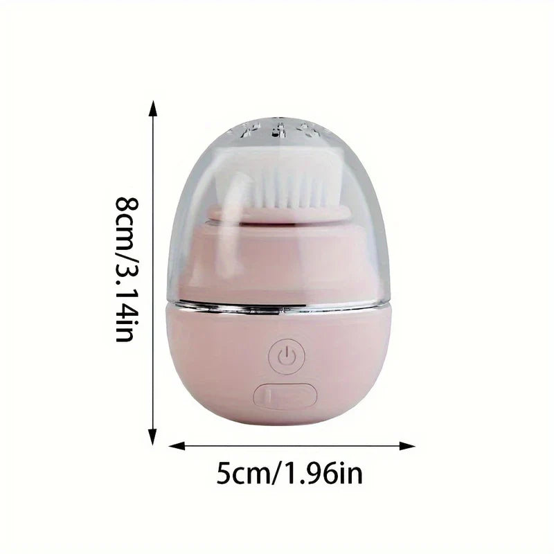 Light pink egg-shaped electric facial cleansing brush with size dimensions marked