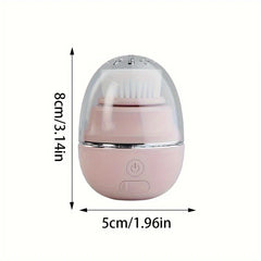 Light pink egg-shaped electric facial cleansing brush with size dimensions marked