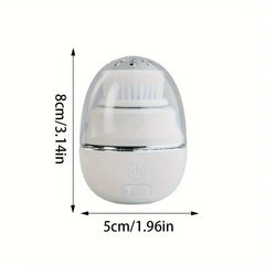 White egg-shaped electric facial cleansing brush with size dimensions marked