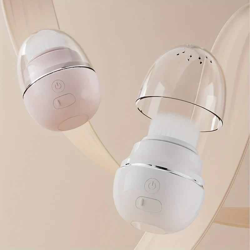 Facial Cleansing Brush - Two egg-shaped facial cleansing brushes, one pink and one white, positioned against curved beige surfaces