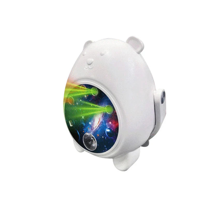 Cute bear-shaped white light projector with starry space face and green beam projection visible
