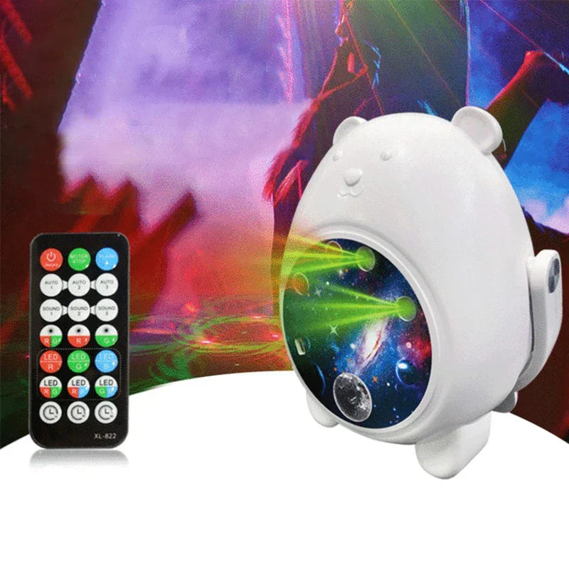 Party light projector with sound sensor and adjustable head on a table