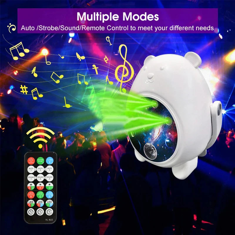 White bear light projector projecting green laser beams, paired with a remote control, labeled with text about multiple modes and music notes graphic
