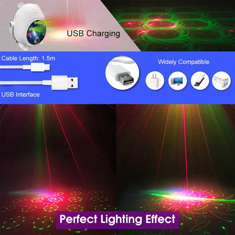 جهاز عرض ضوئي - إضاءة على شكل دب مع كابل شحن USB، تظهر مع أمثلة لتأثيرات الإضاءة المسقطة وأيقونات التوافق