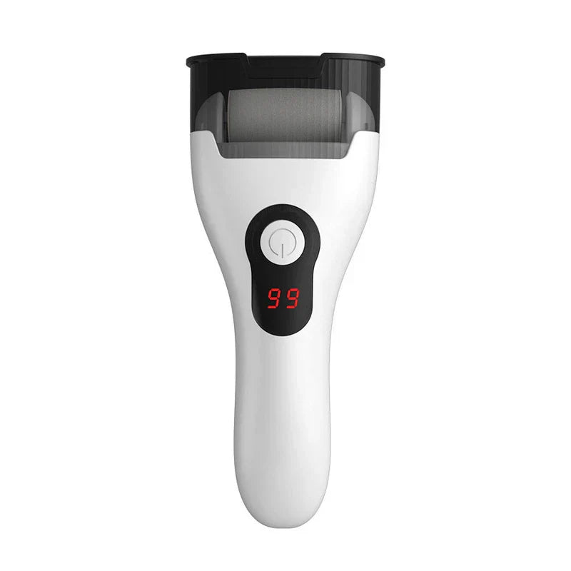 Spa Pedicure Hard Skin Grinding Smoothing Tool - Front view of white electric foot callus tool with digital display and protective cap