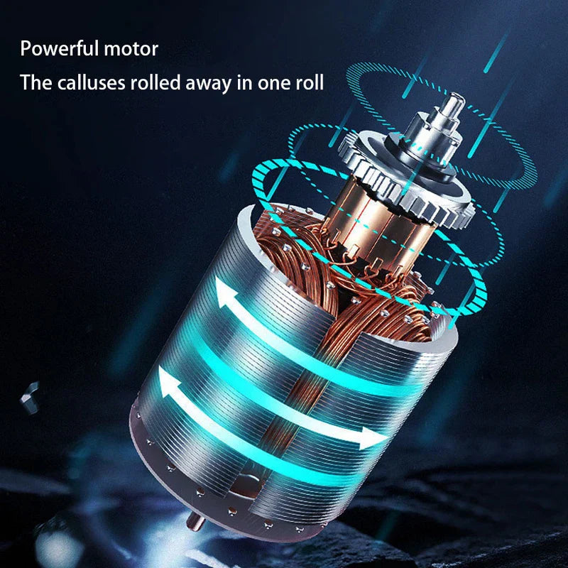 Spa Pedicure Hard Skin Grinding Smoothing Tool - Cutaway view of an electric motor with copper windings, arrows indicating rotation, text above the motor