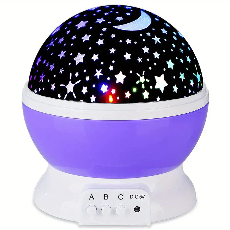 Star Night Light - Purple spherical projector with illuminated star and moon pattern on its projection dome, showing front control panel