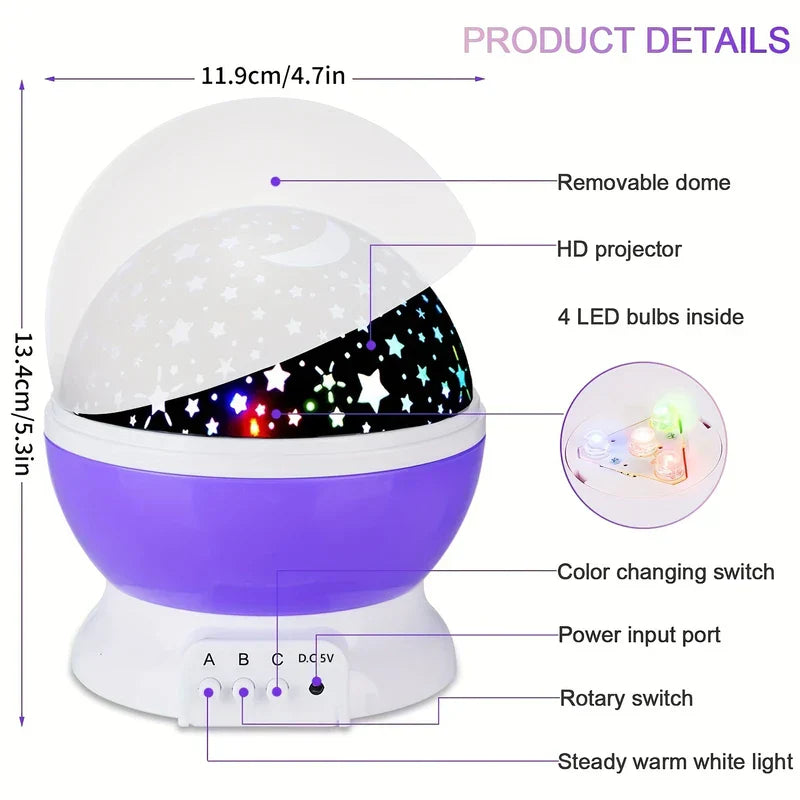 Star Night Light - Product details diagram of a purple galaxy projector, labeled parts and 11.9cm x 13.4cm dimensions