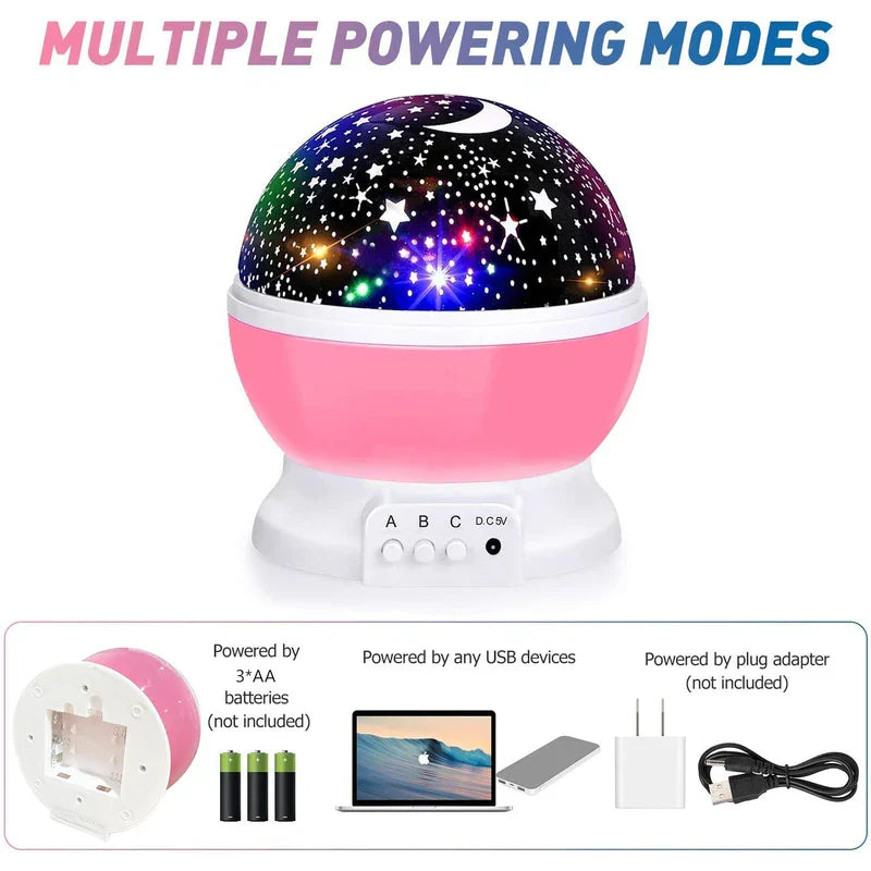 Luz Nocturna de Estrellas: proyector de galaxia rosa que muestra múltiples opciones de alimentación: pilas AA, dispositivos USB, adaptador de enchufe