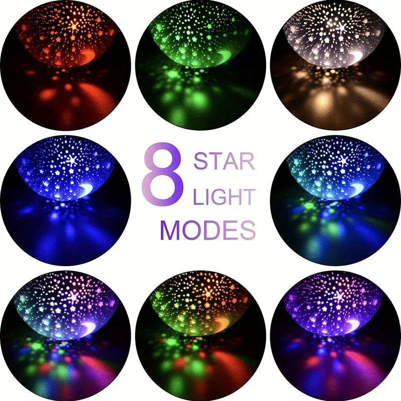 Star Night Light - Grid of eight circular projections showing different colored star and moon lighting modes, with text reading '8 STAR LIGHT MODES' in the center.