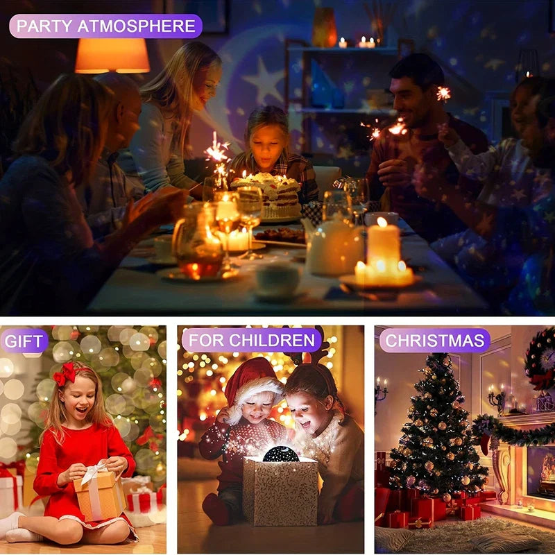 Star Night Light - Four-panel collage showing the star light used at a birthday dinner, as a child's gift, for kids opening a present, and by a Christmas tree.