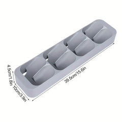 Spice Jar Organizer Box - Gray tilted compartment storage tray shown at an angled view, with dimension labels along its edges.