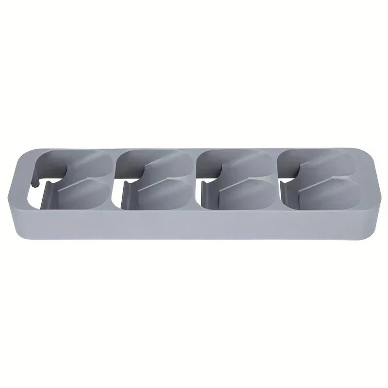 Spice Jar Organizer Box - Gray tilted compartment storage tray viewed straight on from above, showing its four dual-slotted sections.