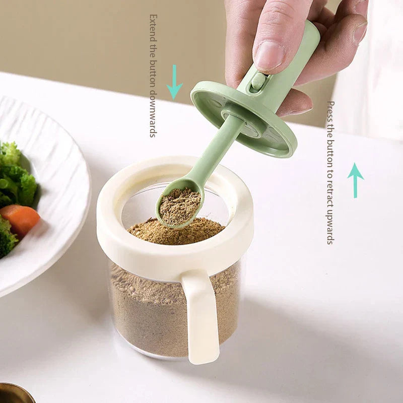 Hand extends a spoon from a spice jar lid to scoop seasoning, with operation arrows labeled.