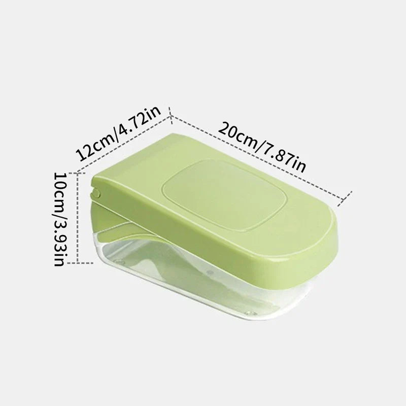Light green lidded clear plastic container with 12cm width, 20cm length, 10cm height dimension labels