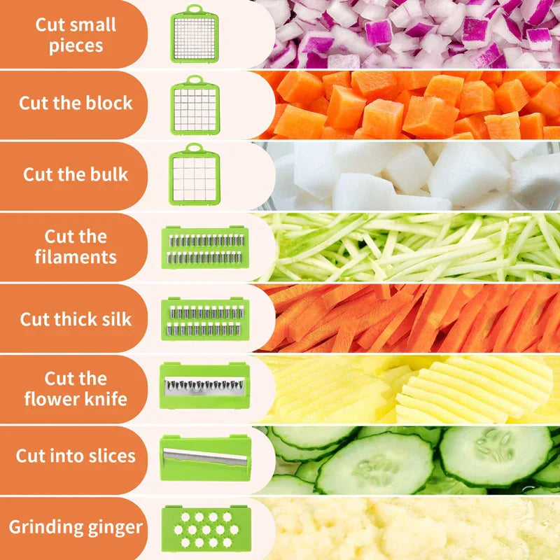Chart showing 8 green cutting blade inserts paired with matching vegetable cut styles including diced, shredded, sliced, and grated ginger