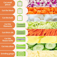 Chart showing 8 green cutting blade inserts paired with matching vegetable cut styles including diced, shredded, sliced, and grated ginger