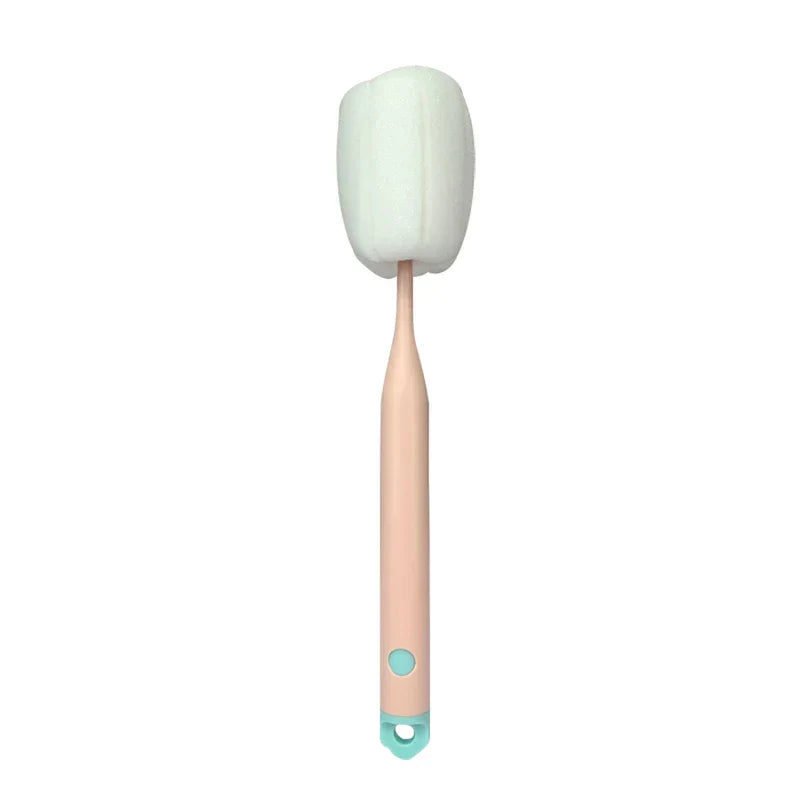 Sponge Bottle Cleaning Brush - Vertical view of a long-handle sponge brush with light peach handle and turquoise accents, on white background.