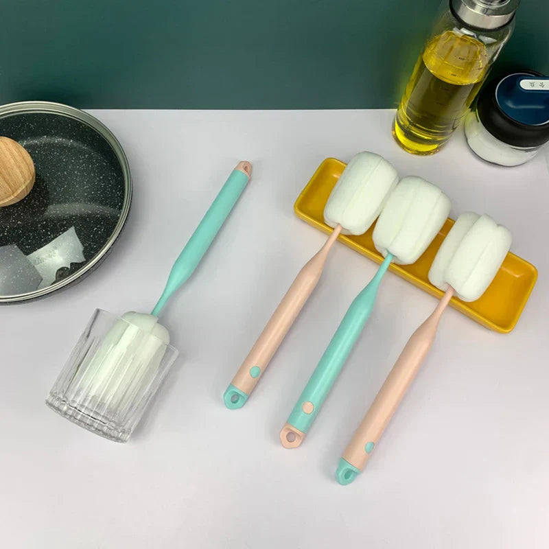 Bottle cleaning brush wand with sponge head